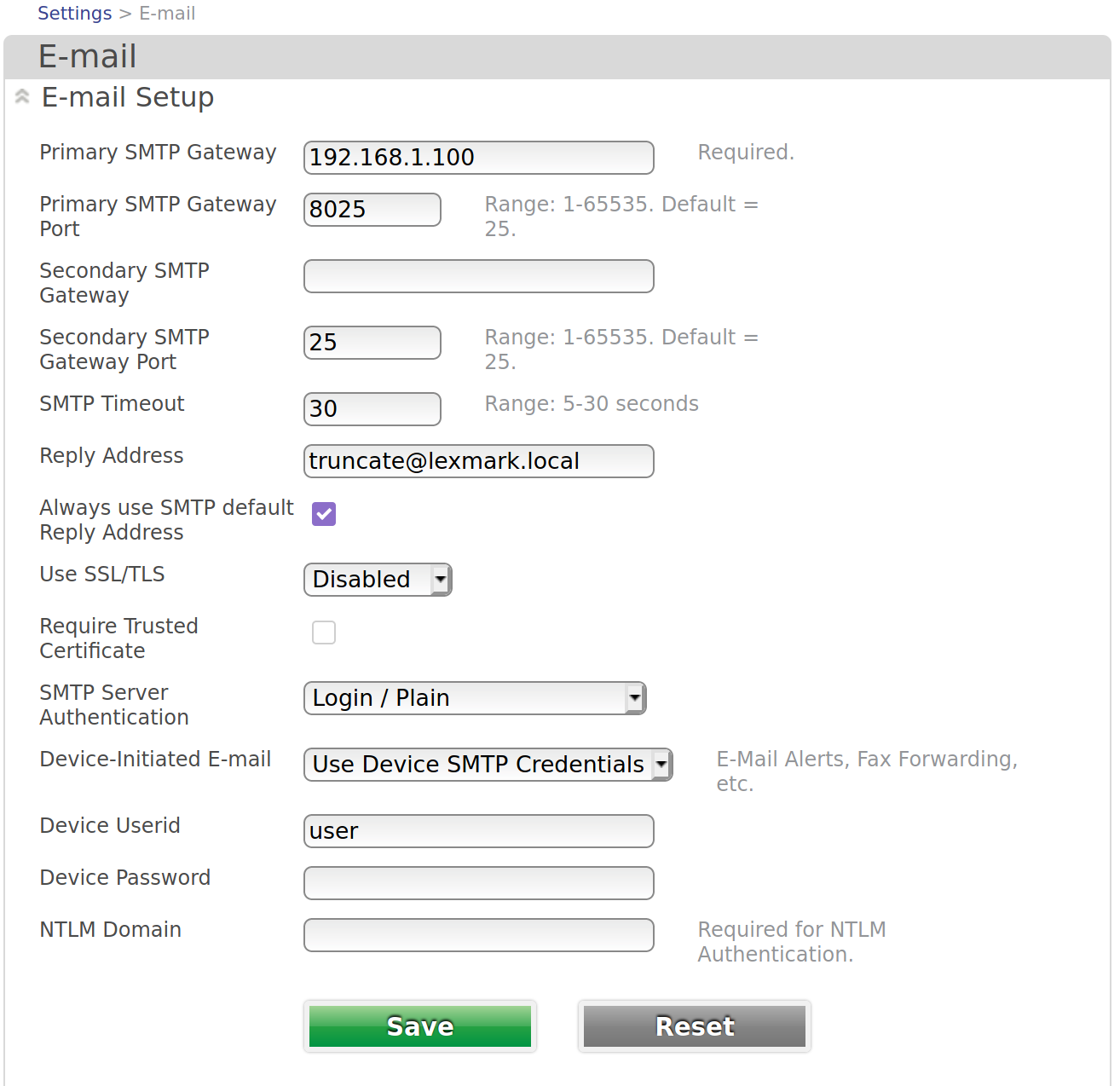 Printer settings, showing Primary SMTP Gateway set to 192.168.1.100, Primary SMTP Gateway Port set to 8025, and reply address set to truncate@lexmark.local